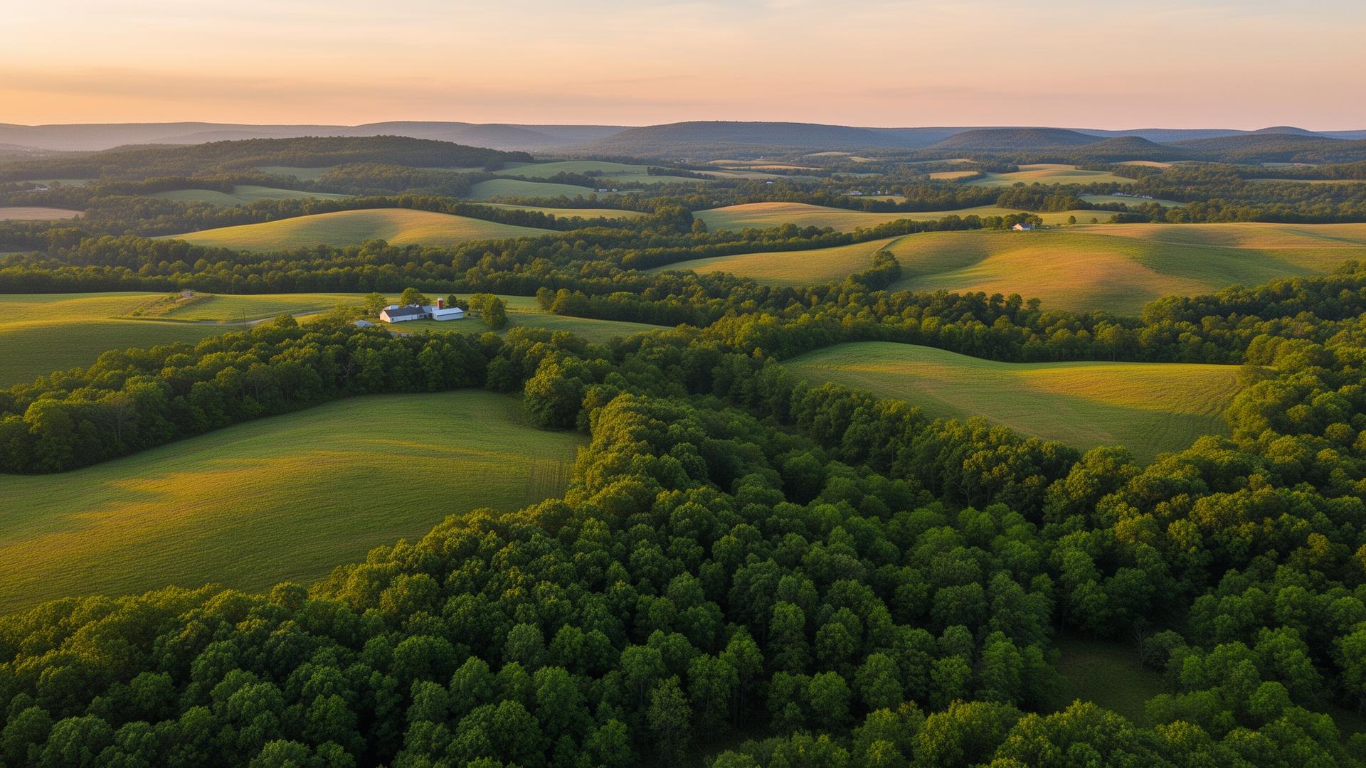 Aerial view of rolling Pennsylvania farmland at golden hour
